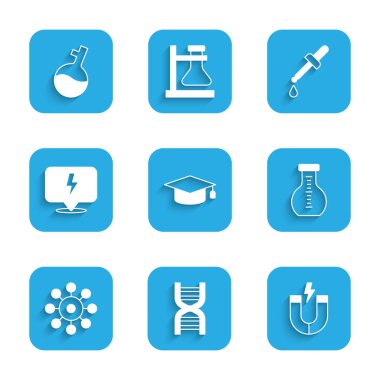 Mezuniyet şapkası, DNA sembolü, mıknatıs, test tüpü, virüs, yıldırım, Pipette ve simgeyi ayarla. Vektör