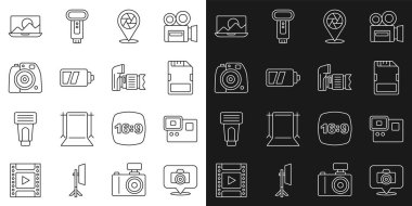 Foto kamera, Action ekstrem, SD kart, Camera deklanşör, pil, rötuş ve simge ayarla. Vektör