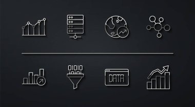 Çizgi çizelgesi bilgisini, finansal büyümeyi, zihin haritasını, veri analizini, ikili kodu, sunucuyu ve simgeyi ayarla. Vektör
