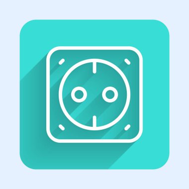 Beyaz çizgi elektrik çıkış simgesi uzun gölge arkaplanı ile izole edildi. Elektrik prizi. Rosette sembolü. Yeşil kare düğmesi. Vektör