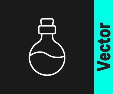 White line Bottle with love potion icon isolated on black background. Happy Valentines day.  Vector