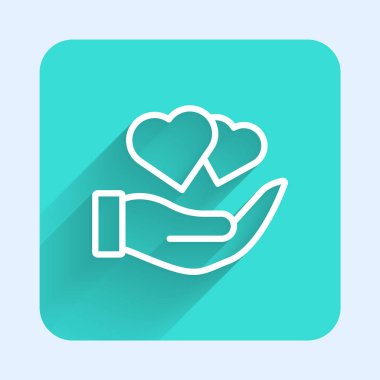 Beyaz çizgi kalp el simgesinde uzun gölge arkaplan izole. El çabukluğu aşk sembolü. Sevgililer Günü sembolü. Yeşil kare düğmesi. Vektör