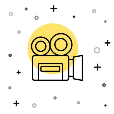 Siyah çizgi Retro sinema kamera ikonu beyaz arkaplanda izole edildi. Video kamera. Film tabelası. Film projektörü. Rastgele dinamik şekiller. Vektör