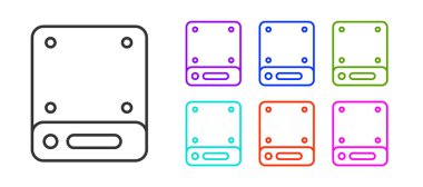 Siyah çizgi sunucusu, Data, Web sunucu simgesi beyaz arkaplanda izole edildi. Simgeleri renklendirin. Vektör