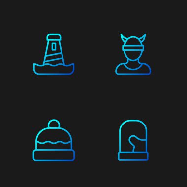 Sıraya dizilmiş Noel eldivenleri, Beanie şapkası, Deniz feneri ve Viking kafası. Renk simgeleri. Vektör