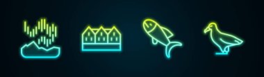 Kuzey ışıkları, Norveç ahşap evi, Balık ve Albatros. Parlayan neon ikonu. Vektör