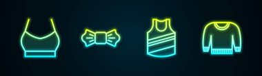 Sıralı kadın bluzu, papyon, atlet ve süveter. Parlayan neon ikonu. Vektör