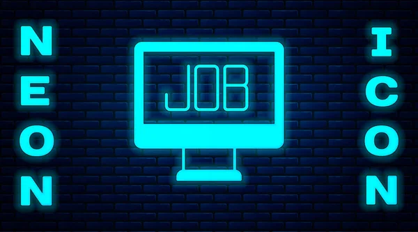 Glowing Neon Search Job Icon Isolated Brick Wall Background Recruitment — Stock vektor
