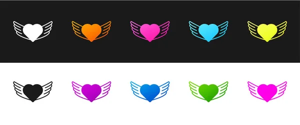 Set Heart Ikonou Křídla Izolované Černobílém Pozadí Symbol Lásky Šťastný — Stockový vektor
