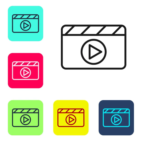 黑线电影拍手图标孤立在白色背景 电影拍板 板上的标志 电影制作或媒体行业 在彩色正方形按钮中设置图标 — 图库矢量图片