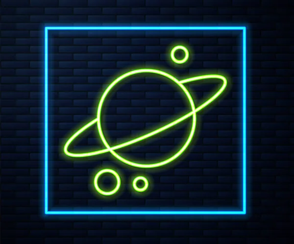 輝くネオンラインレンガの壁の背景に隔離された惑星リングシステムのアイコンを持つ惑星土星 ベクトル — ストックベクタ