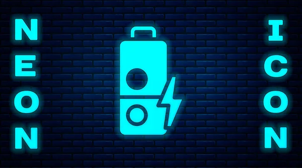 Icona Indicatore Livello Batteria Neon Incandescente Isolato Sfondo Muro Mattoni — Vettoriale Stock