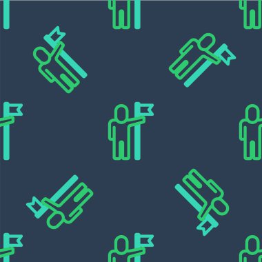 Çizgi Adam 'ın elinde bayrak simgesi var. Mavi arka planda kusursuz desen var. Zafer, kazanmak ve zorluk konseptini fethetmek. Vektör