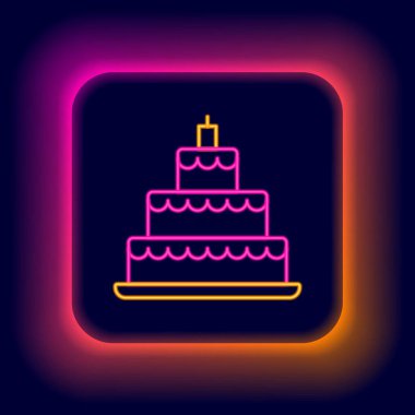Parlayan neon hattı düğün pastası simgesi siyah arkaplanda izole edilmiş. Renkli taslak konsepti. Vektör