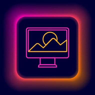 Parlayan neon hattı Fotoğraf rötuşlama simgesi siyah arkaplanda izole edildi. Fotoğrafçı, fotoğrafçılık, rötuş ikonu. Renkli taslak konsepti. Vektör