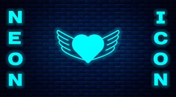 Leuchtende Neon Herz Mit Flügeln Symbol Isoliert Auf Backsteinwand Hintergrund — Stockvektor