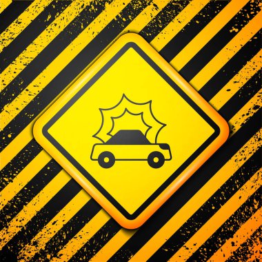 Siyah araba kazası ikonu sarı arka planda izole edildi. Sigorta konsepti. Güvenlik, güvenlik, koruma, konsept koruma. Uyarı işareti. Vektör