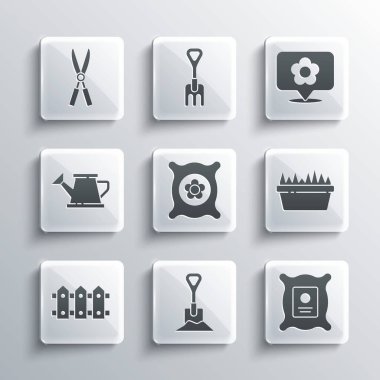 Toprağa kürek at, tohum tohumu tohumu doldur, taze çim dikdörtgen, bahçe çitleri ahşap, su kovası, el yapımı makas ve çiçek ikonlu konum. Vektör