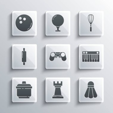 Set Business stratejisi, Badminton servis aleti, müzik sentezleyicisi, Gamepad, yemek pişirme kabı, Rolling pin, bowling topu ve mutfak çırpma ikonu. Vektör