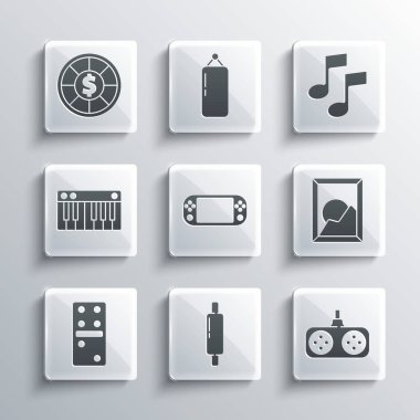 Rolling pin, Gamepad, Picture peyzajı, taşınabilir video oyun konsolu, Domino, müzik sentezleyicisi, kumarhane çipleri ve nota, ton simgesi. Vektör