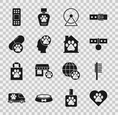 Hayvanların ayak izleriyle dolu bir kalp, evcil hayvan şişesi, yaka etiketi, hamster tekerleği, insan, köpek ilacı, bandaj ve ev ikonu. Vektör