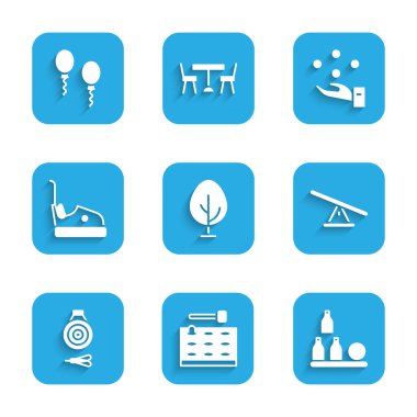 Tree, Arcade oyun makinesi, şişe topu, tahterevalli, klasik dart tahtası ve ok, çarpışan araba, hokkabazlık ve balon ikonu. Vektör