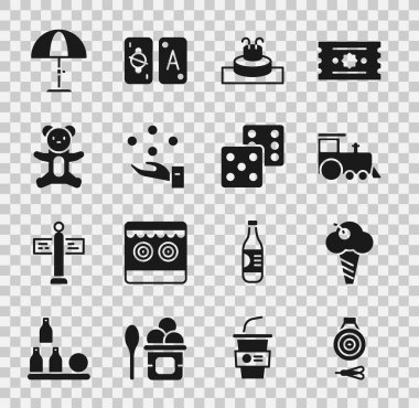 Klasik dart tahtası ve ok, dondurma külahında, oyuncak tren, çeşme, hokkabazlık topu, peluş ayı oyuncağı, güneş koruyucu şemsiye ve zar ikonu. Vektör