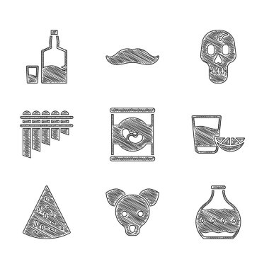 Fasulye konservesi, köpek, tekila şişesi, limonlu bardak, Nachos, Pan flütü, Kurukafa ve ikon. Vektör