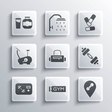Set spor salonu, Dumbbell, spor çantası, fitness kulübü, kart, sabit bisiklet, spor beslenme ve vitamin hapı ikonu. Vektör