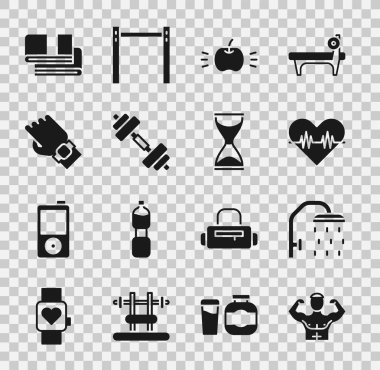 Vücut geliştirme kası, duş başlığı, kalp atış hızı, Apple, Dumbbell, Akıllı saat, havlu yığını ve eski kum saati ikonu. Vektör