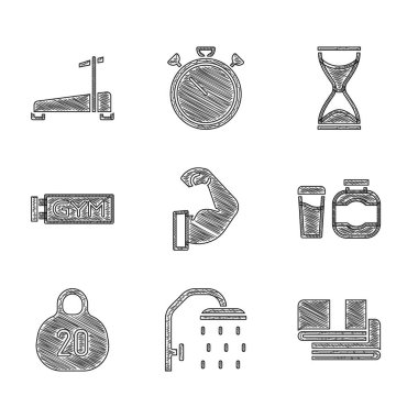 Vücut geliştirme kası, duş başlığı, havlu yığını, spor beslenme, Kettlebell, konum spor salonu, eski kum saati ve koşu bandı makinesi ikonu. Vektör