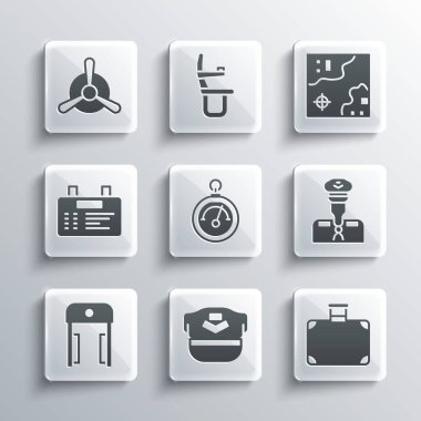 Pilot şapkası, bavul, barometre, havaalanı metal dedektörü, havaalanı panosu, uçak pervanesi ve dünya seyahat haritası simgesi ayarla. Vektör