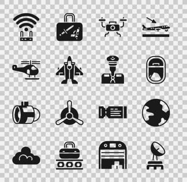 Radar, Worldwide, Airplane window, Drone uçuşu, Jet fighter, Helicopter, Router ve Wi-fi sinyali ve Pilot simgesini ayarlayın. Vektör