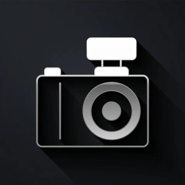 Zilveren Fotocamera Icoon Geïsoleerd Zwarte Achtergrond Foto Camera Digitale Fotografie — Stockvector