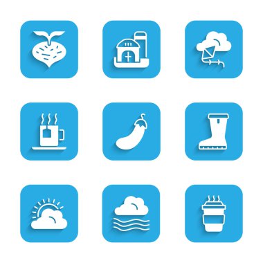 Patlıcan, rüzgârlı hava, kahve fincanı su geçirmez lastik bot, güneş ve bulut çay poşeti, uçurtma ve pancar ikonu. Vektör