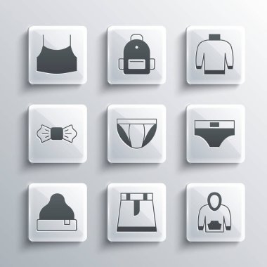 Etek, kapüşon, erkek iç çamaşırı, Beanie şapkası, papyon, kadın hasat bluzu ve süveter ikonu. Vektör