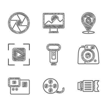 Fotoğraf makinesi flaşı, film makarası, kamera lensi, aksiyon aşırı, odaklanmış çerçeve çizgisi ve deklanşör simgesini ayarlayın. Vektör