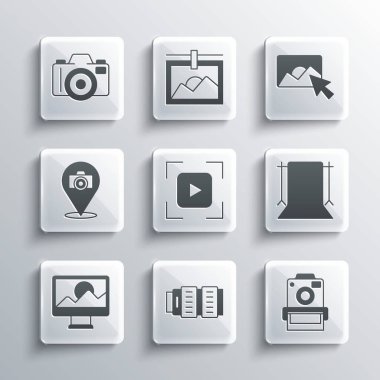 Kamera lensi, fotoğraf makinesi, boş stüdyo, çerçeve çizgisi, rötuş ve simge ayarla. Vektör