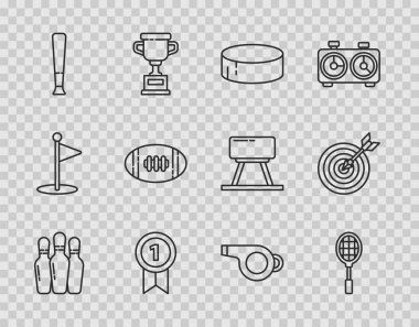 Çizgili bovling broşu, tenis raketi, hokey diski, madalya, beysbol sopası, Amerikan futbolu, ıslık ve ok ikonlu hedef. Vektör
