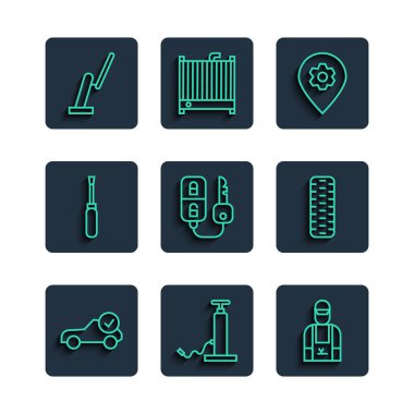 Otomotiv kontrolü otomotiv, araba pompası, tamirci, araba, uzaktan kumandalı konum, tornavida, silecek ve tekerlek ikonu ayarlayın. Vektör