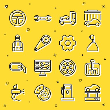 Hat tamir arabasını asansöre, vites koluna, araç nakil kamyonuna, zaman ayarlı kemer setine, tamirciye, direksiyona ve ikona ayarla. Vektör