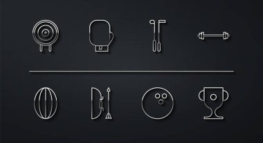 Atış çizgisinde atış sporu, rugby topu, halter, bovling ve ok kılıfı, boks eldiveni, ödül kupası ve golf sopası ikonu. Vektör