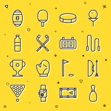 Bowling pimi, ok kılıfı, hokey puck, buz hokeyi sopası, su şişesi, Amerikan futbolu ve spor mekaniği skor tablosu. Vektör