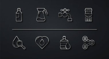 Bir şişe su, damla ve büyüteç, su soğutucusu, temiz, kalp damlası, sürahi, kimyasal formül ve musluk ikonu. Vektör