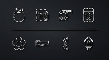 Sırayı Apple, Flower, bitki tohumu dolu paketler, bahçe yapımı el yapımı makas, el testeresi, çuvalı mısır, kuş evi ve hortum hortumu ikonu. Vektör