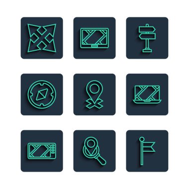 Hat GPS cihazını harita, arama konumu, konum işareti, yol trafik işareti, pusula ve şehir yön bulma simgesi ile ayarla. Vektör