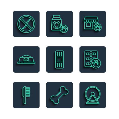 Evcil hayvan tüpü, köpek kemiği, hamster tekerleği, veteriner hastanesi, bandaj, yemek kasesi, parazit ilacı ve ilaç ikonu. Vektör