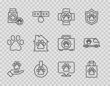 Eller hayvanların ayak izine, alışveriş poşeti hayvanına, veteriner kliniğine, yaka kartına, yemek çantasına, hayvan evine, veterinere ve ambulans ikonuna. Vektör