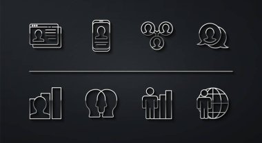 Özgeçmiş, Üretken insan, konuşma balonu sohbeti, Proje ekibi üssü, özgeçmişi olan mobil, kafa avcılığı ve ikon. Vektör