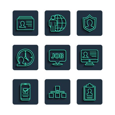 Akıllı Telefon, Hiyerarşi organizasyon şeması, özgeçmişi olan pano, Kullanıcı koruması, Konuşma balonu işi, Zaman Yönetimi, Özgeçmiş ve Monitör simgesi ayarla. Vektör